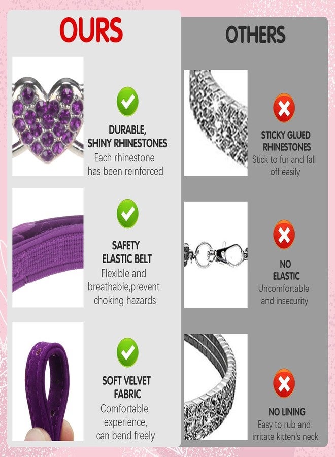 BINGPET Diamond Cat Collar,Adjustable Soft Velvet Leather Safe Kitten Collar with Crystal Heart Charm and Bells,Girl Boy Bling Stylish Cat Collars with Safety Elastic (Purple, Neck Girth 8"-10") - Image 3